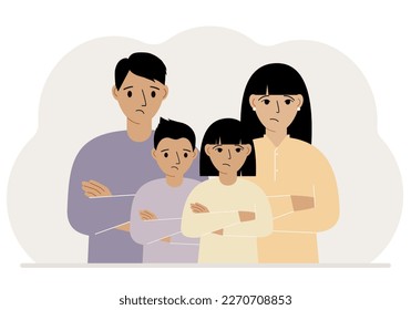 Una familia triste de mamá papá y dos hijos. Concepto de problemas familiares, ayuda psicológica o conflicto. Ilustración plana del vector