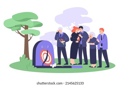 Triste familia con ropa de duelo llorando cerca de la lápida. Personas de caricatura paradas al lado de la piedra de cabeza en la ilustración plana del vector del cementerio. Funeral, concepto de muerte para banner, diseño de sitio web o página de aterrizaje