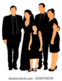 Sad family on cemetery or graveyard mourning deceased relative. Featuring People Weeping at a Funeral Service vector illustration. Broken hart. Last good bye for dead relevant.