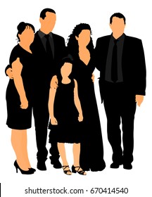 Sad family on cemetery or graveyard mourning deceased relative. Featuring People Weeping at a Funeral Service vector illustration. Broken hart. Last good bye for dead relevant.