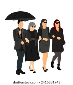 Sad family on funeral cemetery graveyard mourning deceased relative vector illustration isolated. Featuring elegant people in black weeping broken hart. Last good bye dead relevant, farewell and RIP.