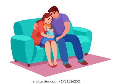 a sad family sits on couch, mom holds  upset kid to his knees and hugs him, dad pity his wife, they have grief.