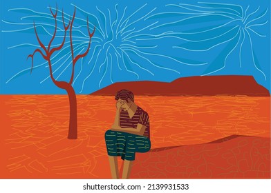 Sad farmer clipart, farmer sad face, sitting of his drought field.