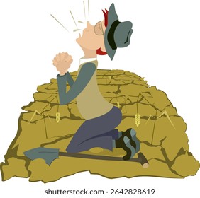 Sad farmer. Drought on the farmer field.
Agriculture in danger. Kneeling farmer prays for rain. Concept on the theme of drought, global warming, lack of water for irrigation
