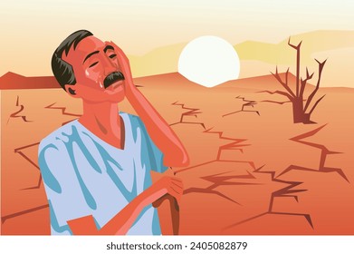 Sad Farmer at Drought Prone Agriculture Farm Land - Sad Indian Poor Farmer Troubled by Soil Defect.