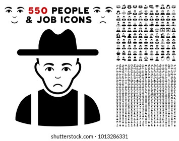 Sad Farmer Guy pictograph with 550 bonus sad and glad people symbols. Vector illustration style is flat black iconic symbols.