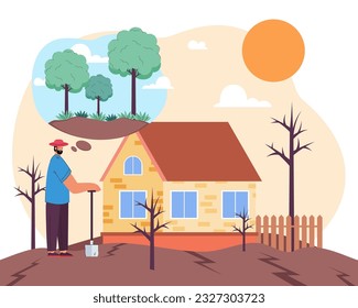 Sad farmer thinking of healthy soil vector illustration. Drawing of upset farm worker, dry ground due to climate change and global warming. Farming, agriculture, drought, nature, ecology concept