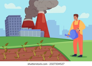 Sad farmer watering plants next to factory vector illustration. Problems with agriculture due to air pollution, water shortage, climate change. Farming, drought, nature, industry, ecology concept