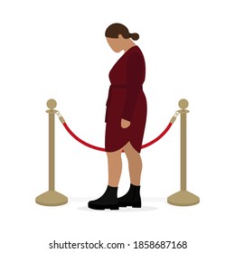 A sad fat female character stands near the fence posts with a red cord