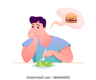 Sad Fat Guy Eat Green Salad Vector Illustration. Cartoon Man Character Sitting At Table, Eating Diet Healthy Food, Dreaming Of Unhealthy Burger Isolated On White.
