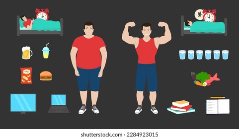 Sad fat and happy athletic male characters. Man scrolling on phone lying in bed. Beer and soda versus water. Chips and burger vs balanced nutrition. Gadgets versus time reading books and planning. 