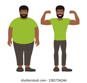 Sad fat and happy healthy slim afro man. Weight loss lifestyle, body care. Obesity problem. View before and after diet and sport. Cartoon characters on white background. Flat vector illustration.