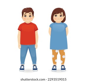 Sad fat little boy and girl standing together. Kids with unhealthy weight isolated on white background vector illustration