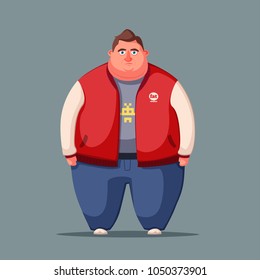 Sad fat man. Obese character. Fatboy. Cartoon vector illustration.
