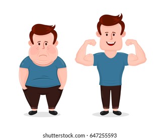 Sad fat obesity and sport fitness happy muscular man.Guy muscles.Vector flat illustration character loss design.Isolated on white background.Bodybuilding muscle before after,loss,fit,obese concept