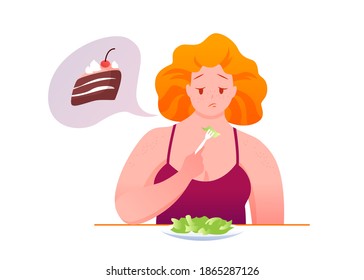 Sad fat woman eats green salad vector illustration. Cartoon woman character sitting at table, eating diet healthy food, dreaming of unhealthy piece of chocolate cake isolated on white.