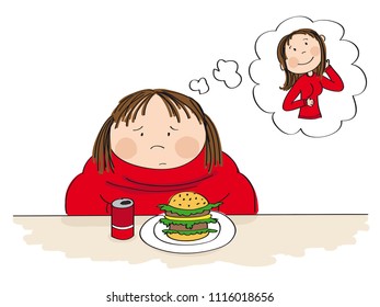 Sad fat woman sitting behind the table with can of cola and hamburger in front of her, dreaming about a slim figure. Original hand drawn illustration