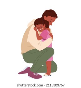 Sad father calming his daughter down and show compassion. Parenting responsibilities and comforting speech, daddy supporting with emotional affection cartoon vector illustration