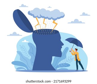 Sad feeling of depression. Bad mood, anger and stress, need help psychologist, human head with rain and lightning above, man with umbrella, mental problems, vector cartoon flat concept