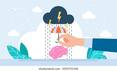 Sad feeling of depression concept, bad mood, anger and stress. Mental health protection concept, help for depression, anxiety, man using umbrella to protect human brain from storm. Vector illustration