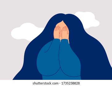 Sad female adolescent covers her face with palms. Concept of abuse and bully, Physical and emotional violence against women and adolescents. Vector illustration