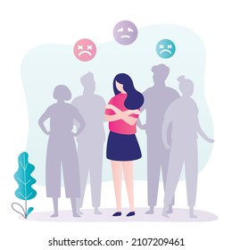 Sad female character among people. Unhappy woman feels alone in crowd. Girl experiencing different emotions. Frustrated person feels uncomfortable in society. Loneliness concept. Vector illustration