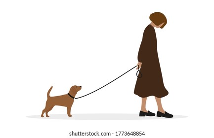 Sad female character with a dog on a leash