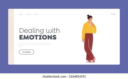 Sad Female Character Hide Real Emotions Under Smiling Mask Landing Page Template. Woman Put on Cheerful Mask due to Social Norms and Community Pressure, Fake Feelings. Cartoon Vector Illustration
