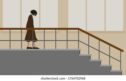 Sad female character on the stairwell