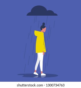 Sad female character standing under the rain. Overcast weather. Emotions. Solitude concept. Flat editable vector illustration, clip art