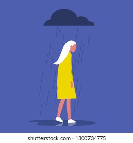 Sad female character standing under the rain. Overcast weather. Emotions. Solitude concept. Flat editable vector illustration, clip art