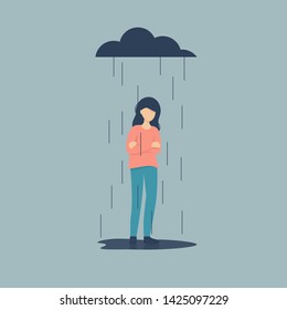 Sad female character standing under the rain. Overcast weather. Emotions. Solitude concept. Flat vector illustration design.