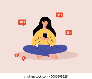 Sad female character using mobile phone, checking social media, waiting for like, comment. Influencer, social media side effects concept. Vector illustration cartoon flat style