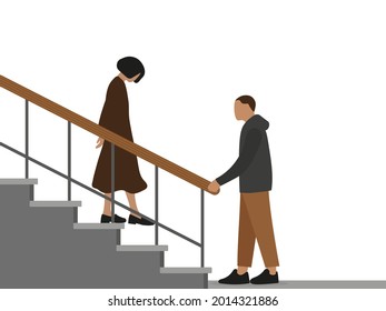 Sad female character is walking down the stairs and male character is waiting