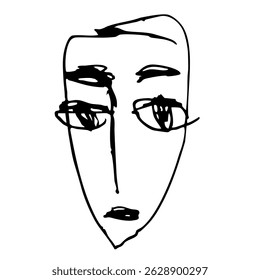 Sad female face with big eyes. Hand drawn linear doodle rough sketch. Black and white silhouette.