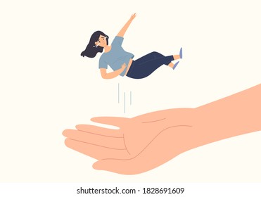 Sad female is falling and crying with supported hand. Concept of helping mental health disorder patient. Support and care about depressed person. Listen and soothe intimate. Flat vector illustration.