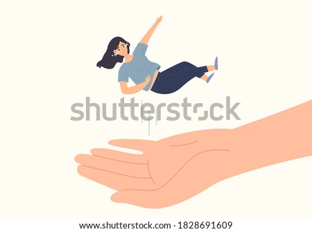 Sad female is falling and crying with supported hand. Concept of helping mental health disorder patient. Support and care about depressed person. Listen and soothe intimate. Flat vector illustration.
