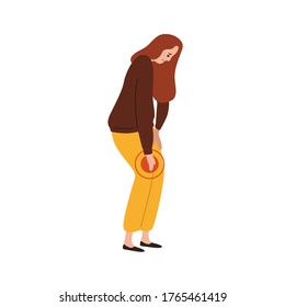 Sad female feeling pain in knee vector flat illustration. Upset woman having problem with legs suffering from ache isolated on white. Unhappy girl touching damaged feet with painful expression