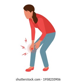 Triste hembra sintiendo dolor de rodilla.  Mujer con problemas de piernas con dolor aislada en blanco. Ilustración del vector aislada en fondo blanco