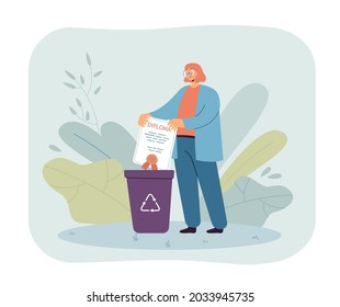 Sad female graduate throwing diploma into recycle bin. Girl putting certificate into recycling garbage can flat vector illustration. Education, disappointment concept for banner or landing web page