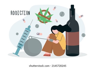 Las adictas mujeres tristes tienen diferentes adicciones. Ayuda para abusar de mujeres con adicción. Toxicomanía, alcohol y tabaco. Centro de Narología adicto a la gente. Atención médica. Ilustración vectorial plana