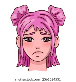 Sad female person face with pink hair. Vector illustration.