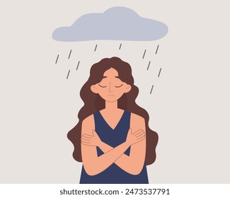 Sad female with a rain cloud over her head. Woman feels anxiety and emotional stress. Depressed black girl with mental health issues.  Psychological problem concept. Vector illustration