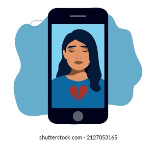 Sad Female Runs Out Of The Mobile Phone. Girl Feels Vulnerable And Lonely On Social Online Spaces. Social Media Influence On Mental Health And Wellness. Vector Illustration