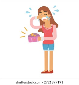 Triste mulher comprador mostrando carteira vazia com traça vetor ilustração