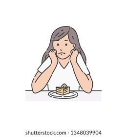 Sad female sitting at table propping head and looking at cake cartoon style, vector illustration isolated on white background. Depressed woman looking upset at dessert during diet