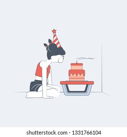 Sad female teenager alone in a room blowing a birthday candle in vector flat-design illustration style.