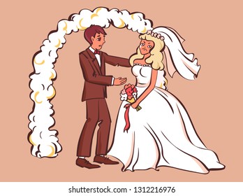 Sad fiancee cry, bridegroom tries to comfort her. Cartoon style vector illustration.