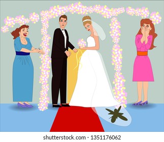 Sad fiancee with dirty dress, cartoon style. Illustration of difficult wedding situation. Wedding character in cartoon hand drawn style