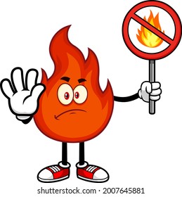 Sad Fire Character Gesturing Stop And Holding A Fire Restricted Sign. Vector Hand Drawn Illustration Isolated On Transparent Background